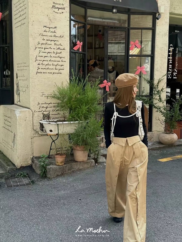 排扣風衣面料造型長褲